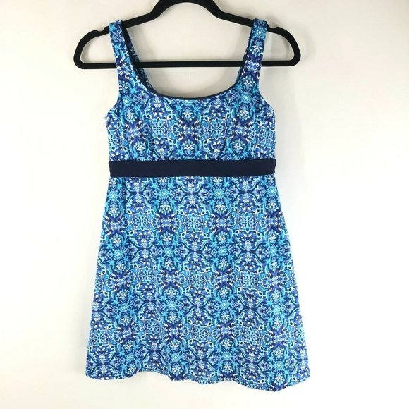 Lands End Tankini Top Dress Underwire Removable Pads Geometric Navy Blue 4 D - Picture 1 of 4